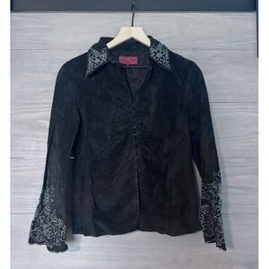 Vintage Nicola Berti Leather Embroidered Cut out Hook‎ & Eye Shirt Jacket Medium
